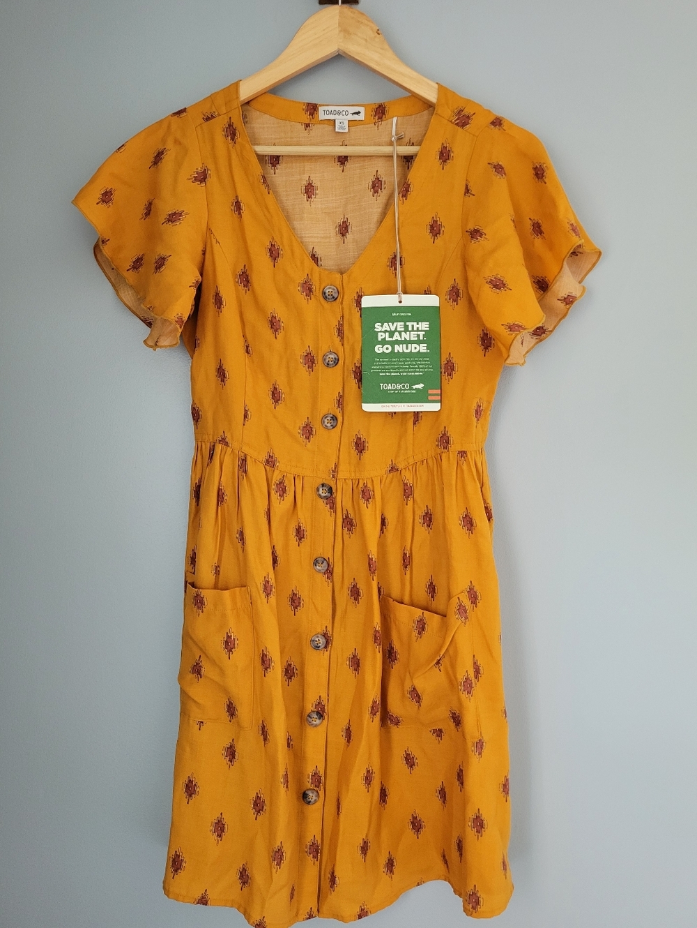 NWT Toad&Co Hillrose Button Up Short Sleeve Dress Yellow Size XS Pockets Midi